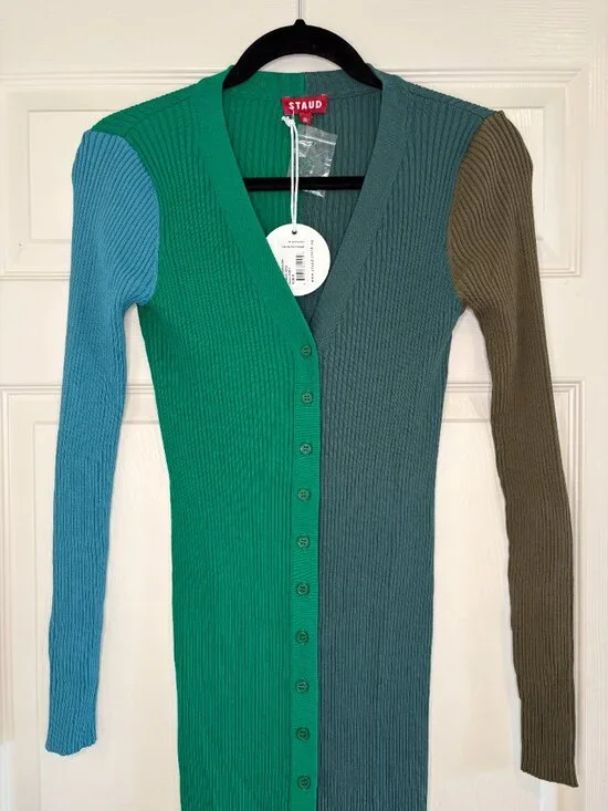 NWT Staud - Shoko Colorblocked Midi Dress in Fern-Multi - Picture 4 of 7